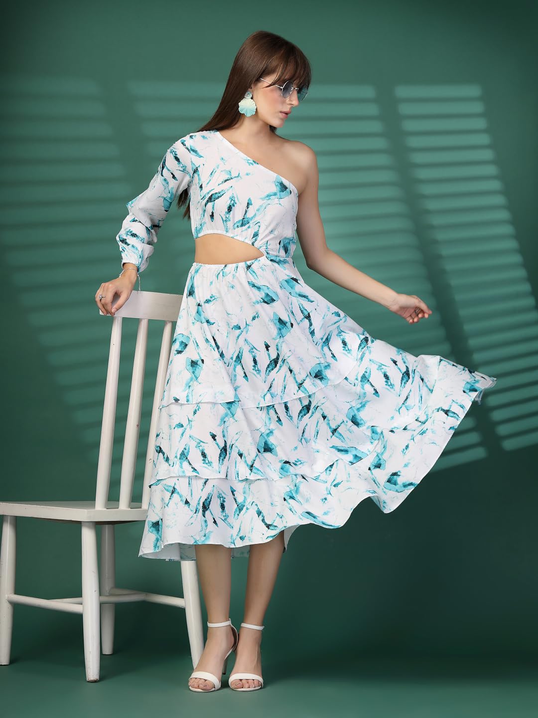 Oomph! WomenS Western & Fusion Wear Printed Crepe Dress For Women, One Shoulder, Blue - Md1081