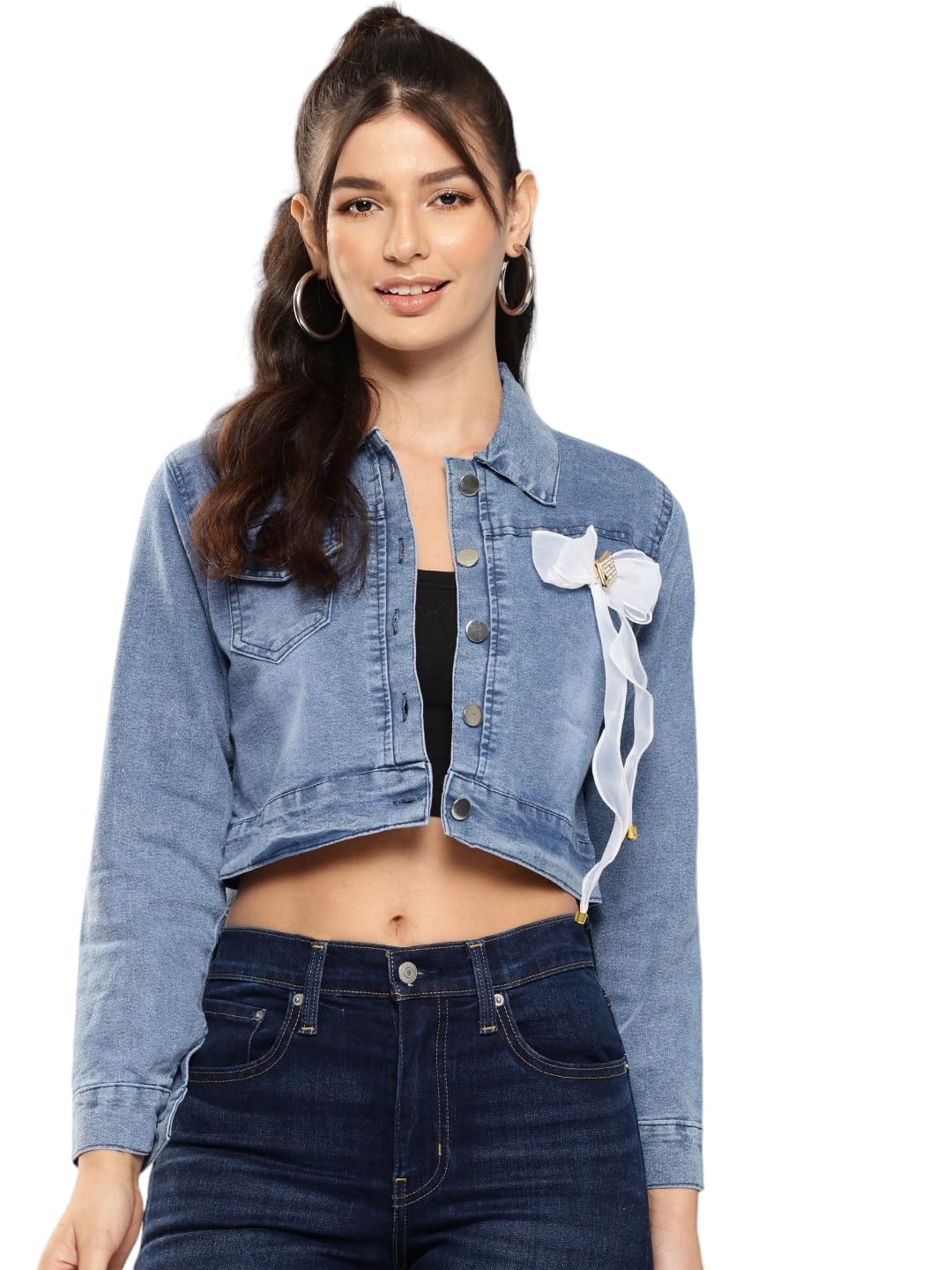 Aarika Womens Blue Colour Self Design Party Wear Denim Jacket (S-L)