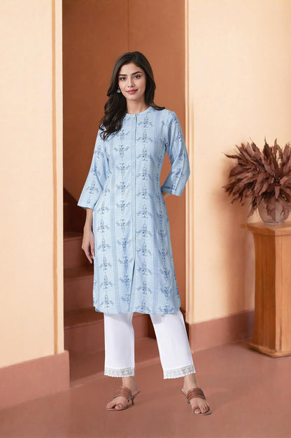 W For Women Blue Geometric Printed Straight Shirt Kurta And Straight Pants Set