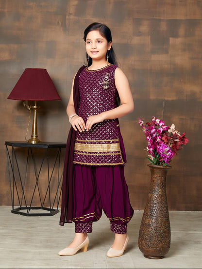 Aarika Girls Ethnic Wear Purple Colour Sequin Embroidery Lace Work Georgette Kurti Patiala Set (10-15 Years)
