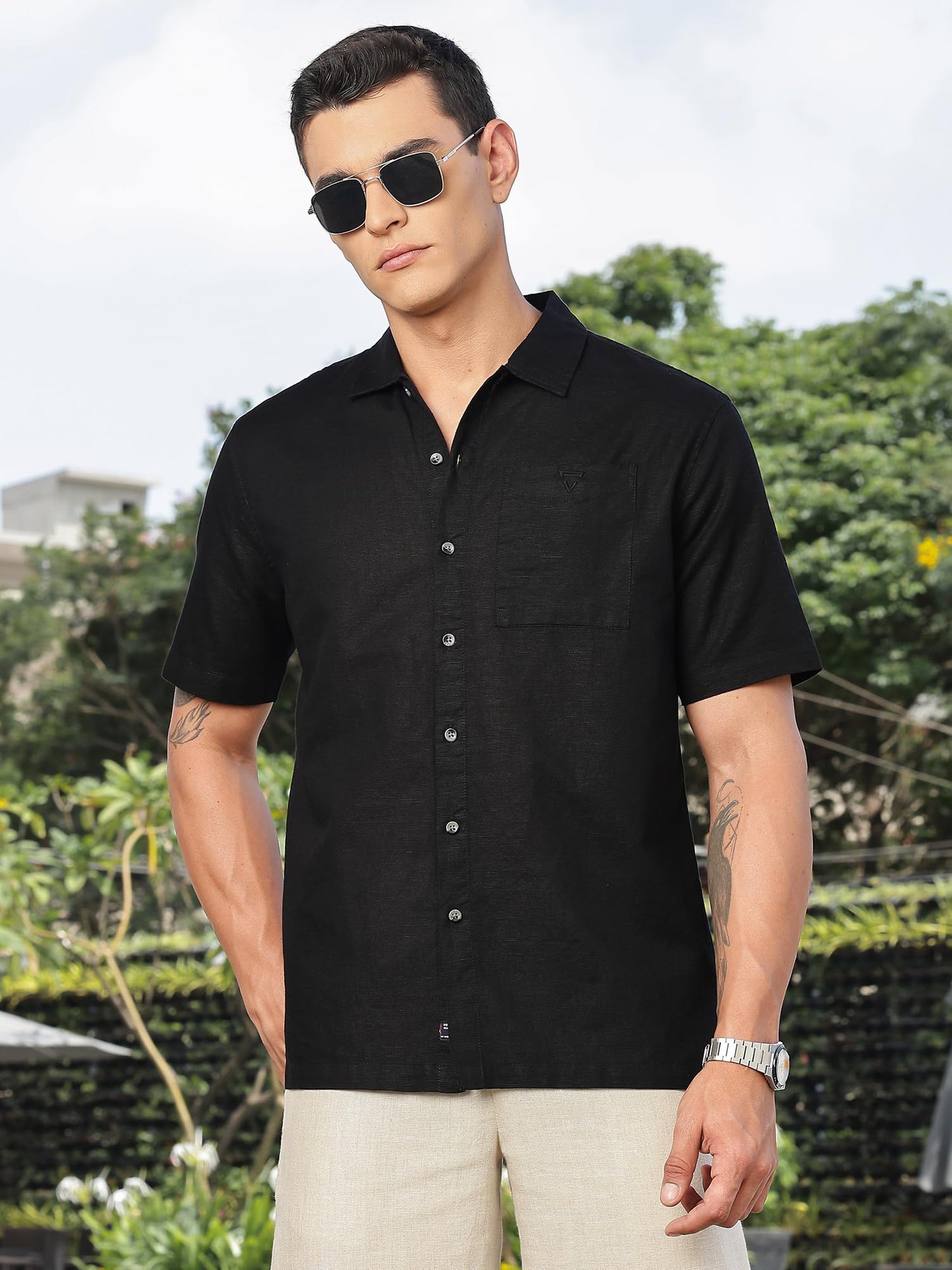 Thomas Scott Mens | Solid | Premium Irish Linen | Half Sleeve | Spread Collar | Casual | Shirt for Men Black