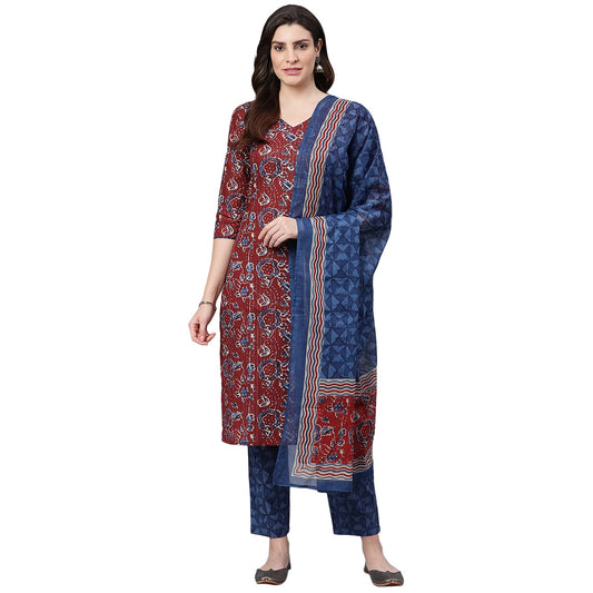 Idalia Maroon Printed Kurta With Blue Printed Pants And Dupatta