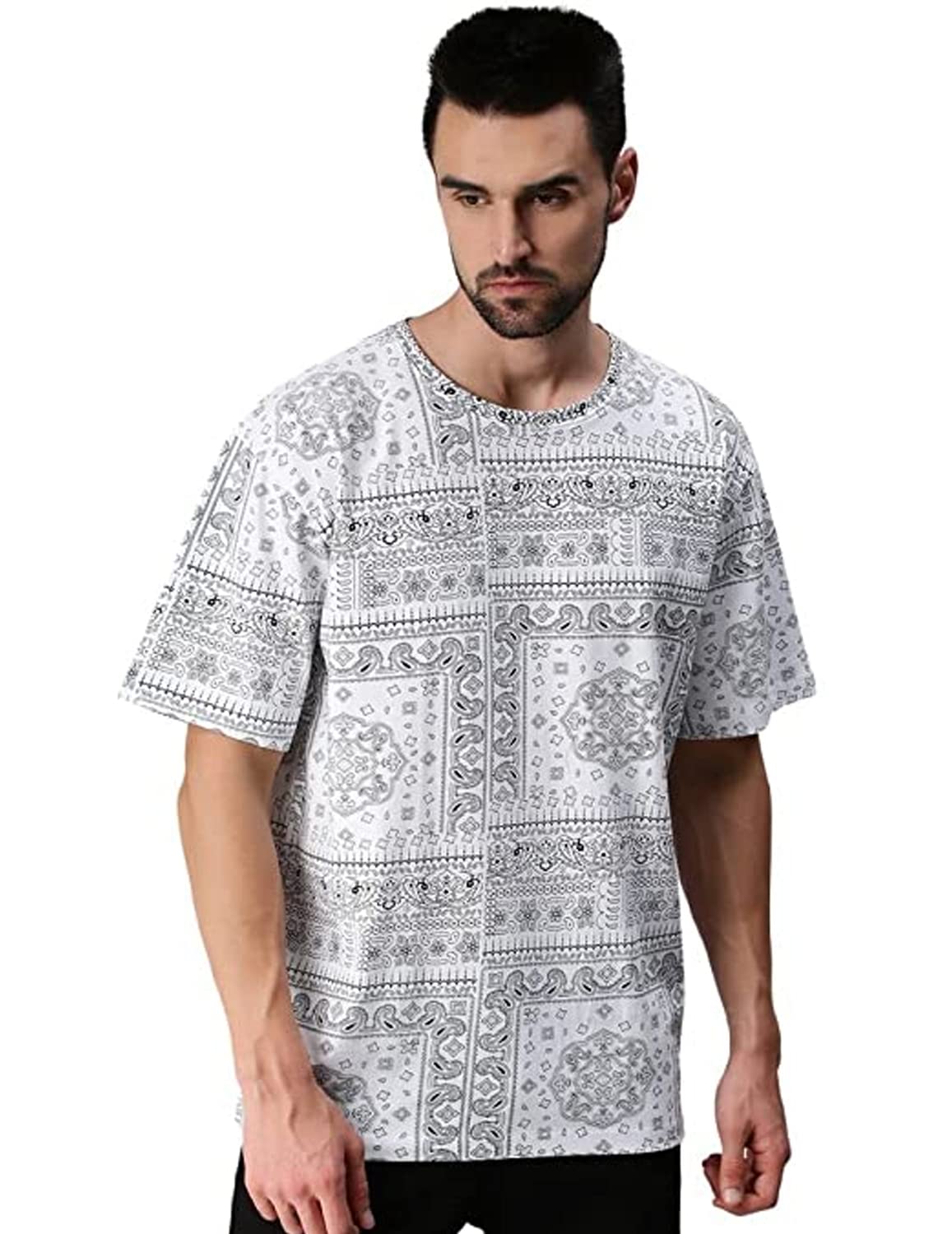 Veirdo Oversized Loose Fit Relaxed Fit Wide Fit 100% Cotton Paisley Printed Short Sleeve Colour T-Shirts/B