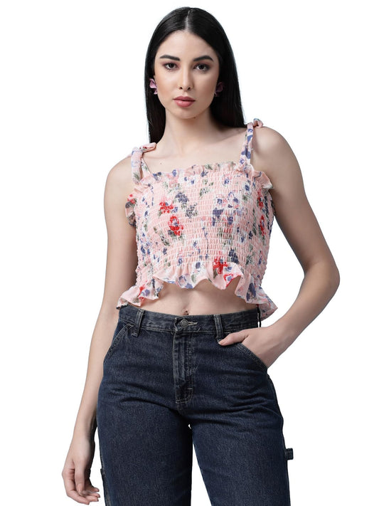 OOMPH! Sleeveless Floral Crop Tops for Women Western, Orange - mt606