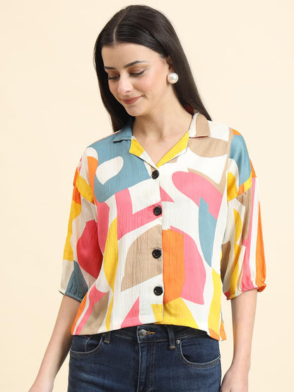 Vairagee Women Cotton Blend Multi Striped Pattern V-Collar Three Quarter Sleeves Stylish Boxy Shirt (1730_5)