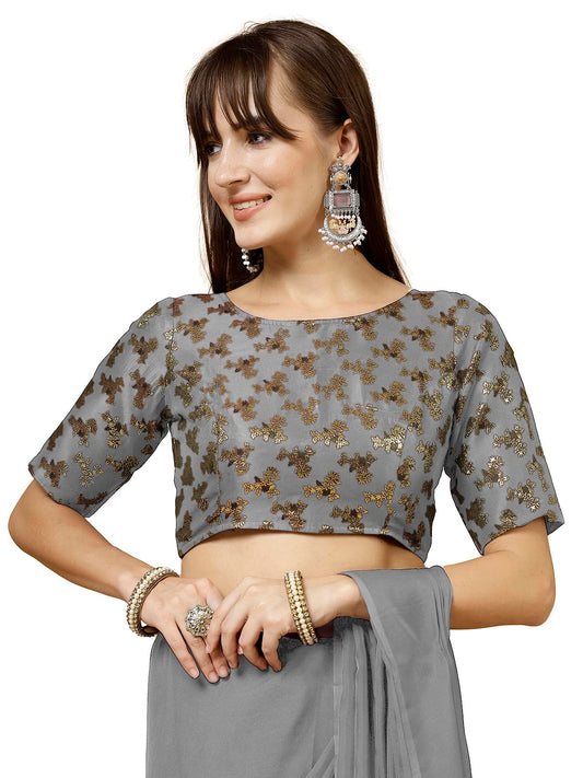 Oomph! WomenS Indian Ethnic Wear Designer Botanical Pattern Zari Work Boat Neck Half Sleeve Cloud Grey Color Brocade Readymade