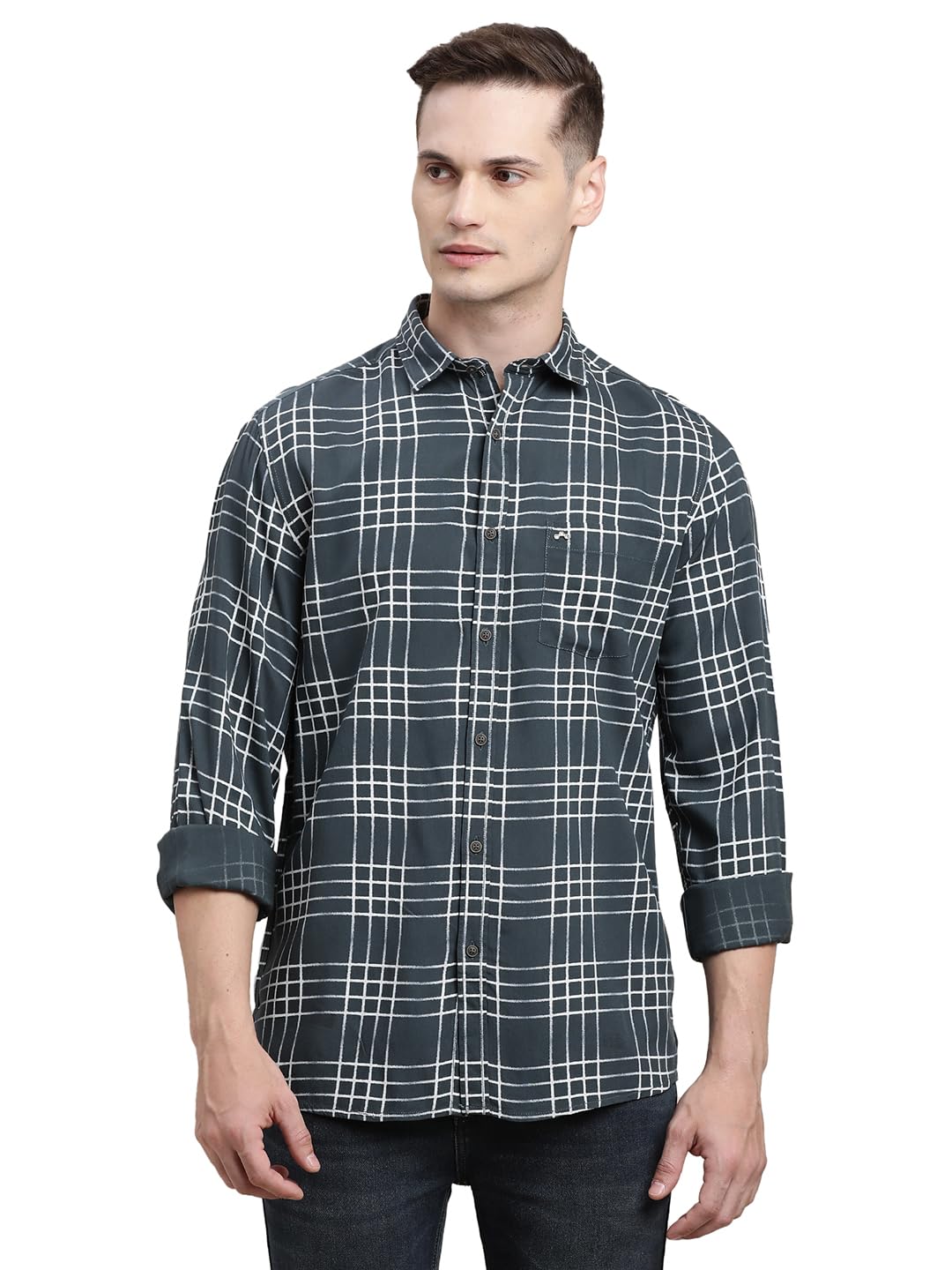 Turtle Men Grey Printed Full Sleeve Slim Fit 100% Viscose Casual Shirt