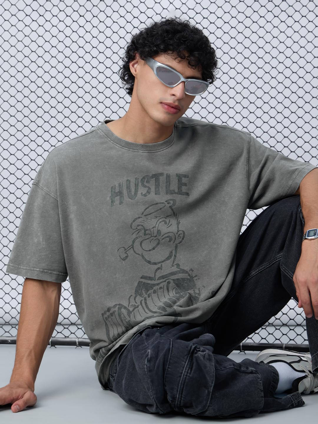 The Souled Store Popeye: Hustle Men and Boys Short Sleeves Round Neck Grey Graphic Printed Cotton Oversized T-Shirts