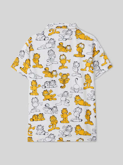 The Souled Store Garfield: Lazy Vibes Boys Short Sleeves Collared Neck Button Front White All Over Printed Rayon Regular Fit Shi
