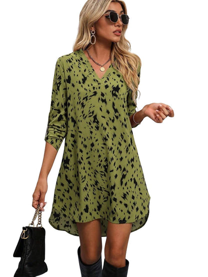Greciilooks Western Dress For Women| Leopard Printed Rayon Western Dress| V Neck Low Hem Tunic Dress| Rolled Long Sleeve Western