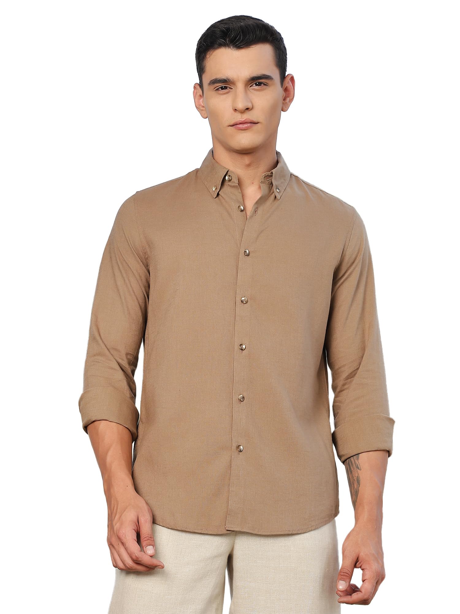 Thomas Scott Mens | Solid | Premium Irish Linen | Full Sleeve | Button Down Collar | Casual | Shirt for Men Brown