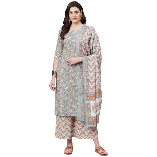 idaLia Women's Multicolor Printed Cotton Kurta Set with Palazzo Pant and Dupatta