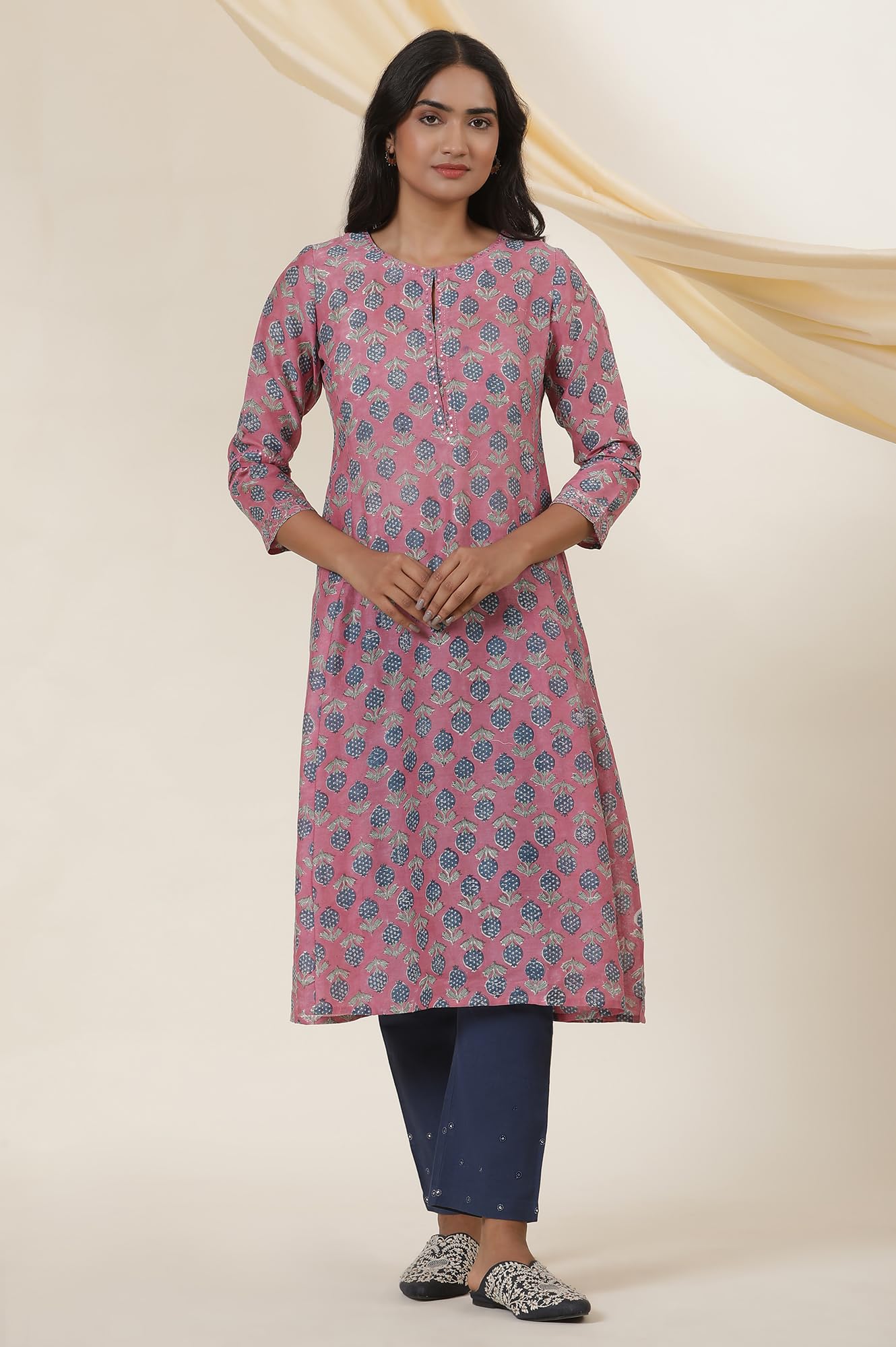 W for Woman Folksong Pink Festive Printed Cotton A-Line Kurta