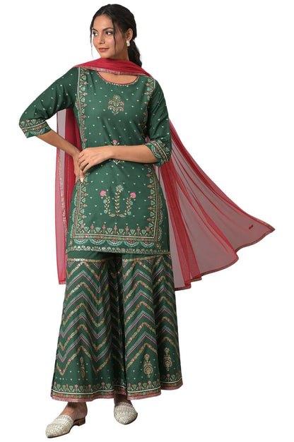 W WomenS Dark Green Floral Printed Kurta Dupatta Bottomwear With Sequins