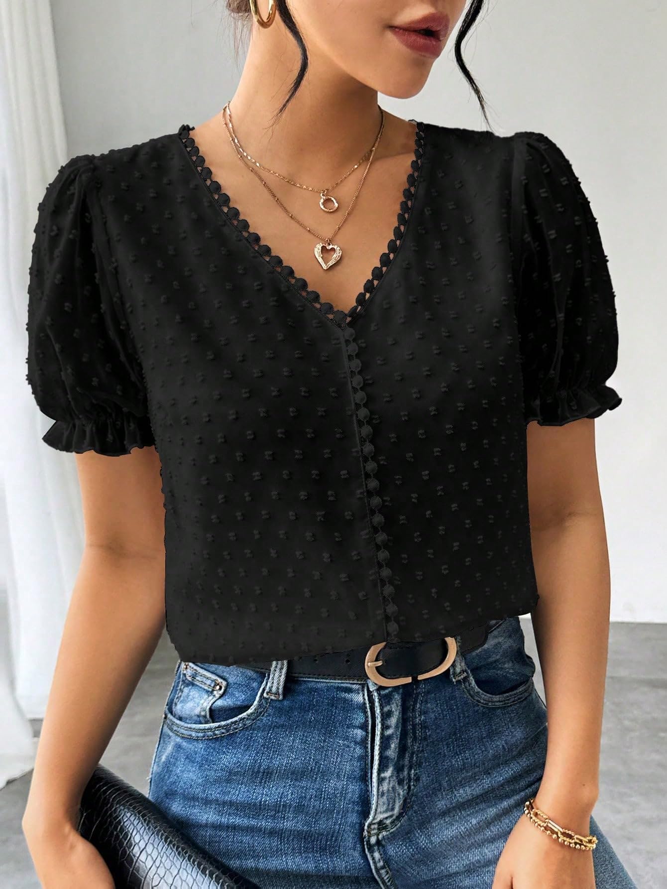 Shasmi Womens Black and White Elegant French Textured Fabric Solid Black Color Lace Panel V-Neck Jacquard Blouse,Short Puff Sle