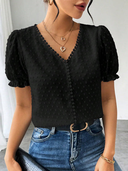 Shasmi Womens Black and White Elegant French Textured Fabric Solid Black Color Lace Panel V-Neck Jacquard Blouse,Short Puff Sle