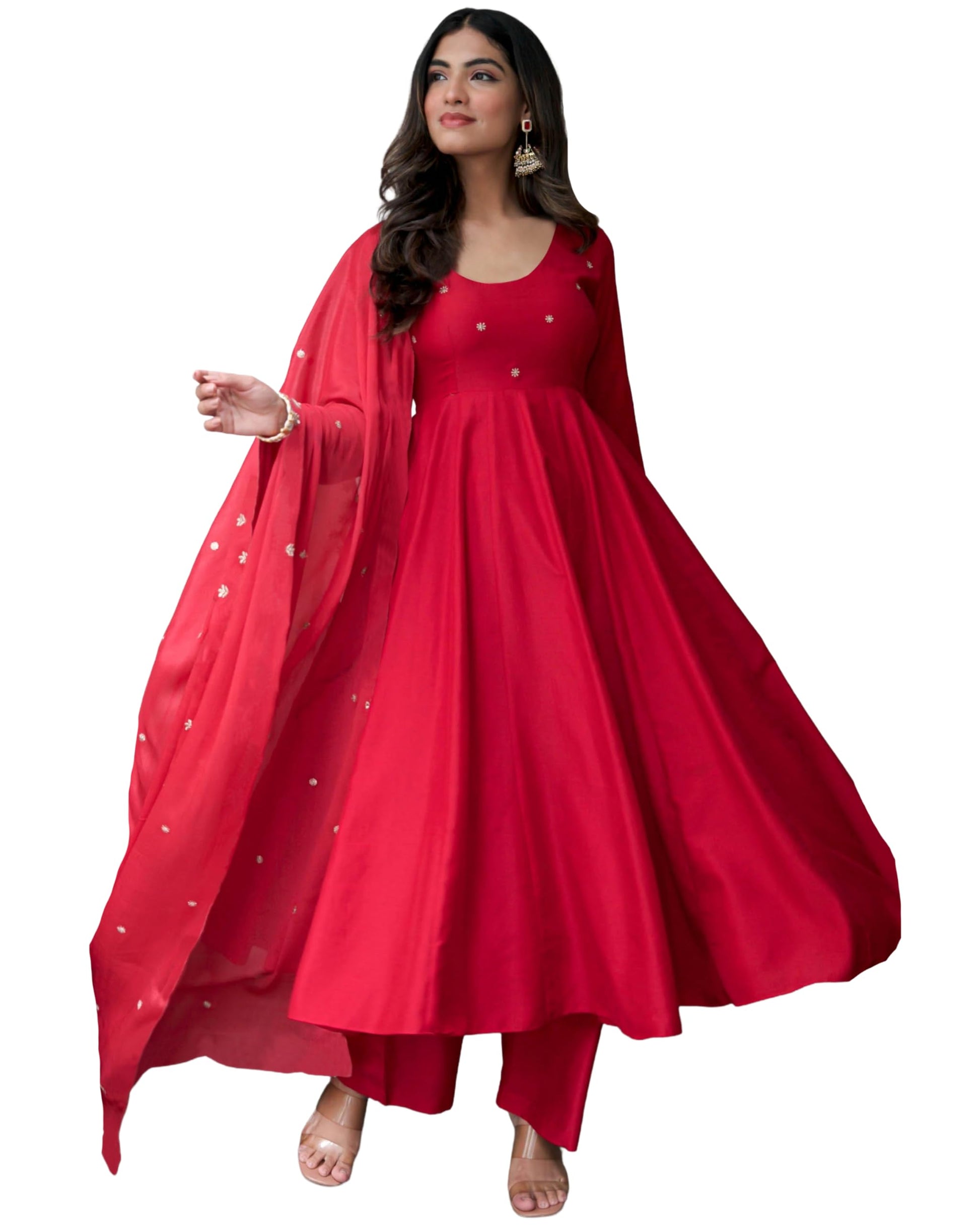 ANNI Designer Womens Rayon Viscose Embroidery Anarkali Kurta with Pant & Dupatta (KANIMOLI RED_L_RED_Large)