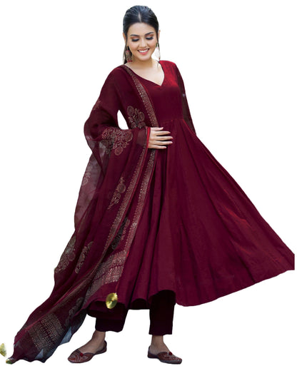 Gosriki WomenS Cotton Blend Solid Anarkali Kurta With Pant & Dupatta (Magic-Wine-Gs_Xl_Wine_X-Large)
