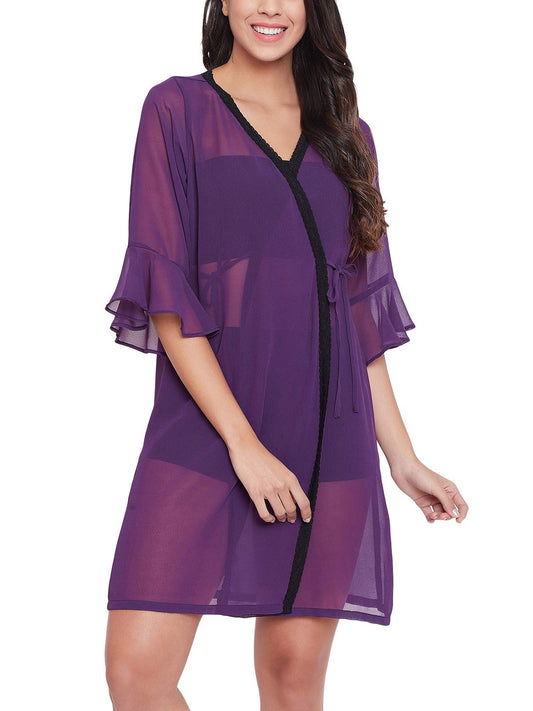 Clovia Womens Georgette Sheer Robe (NS1291P15_Purple_L)