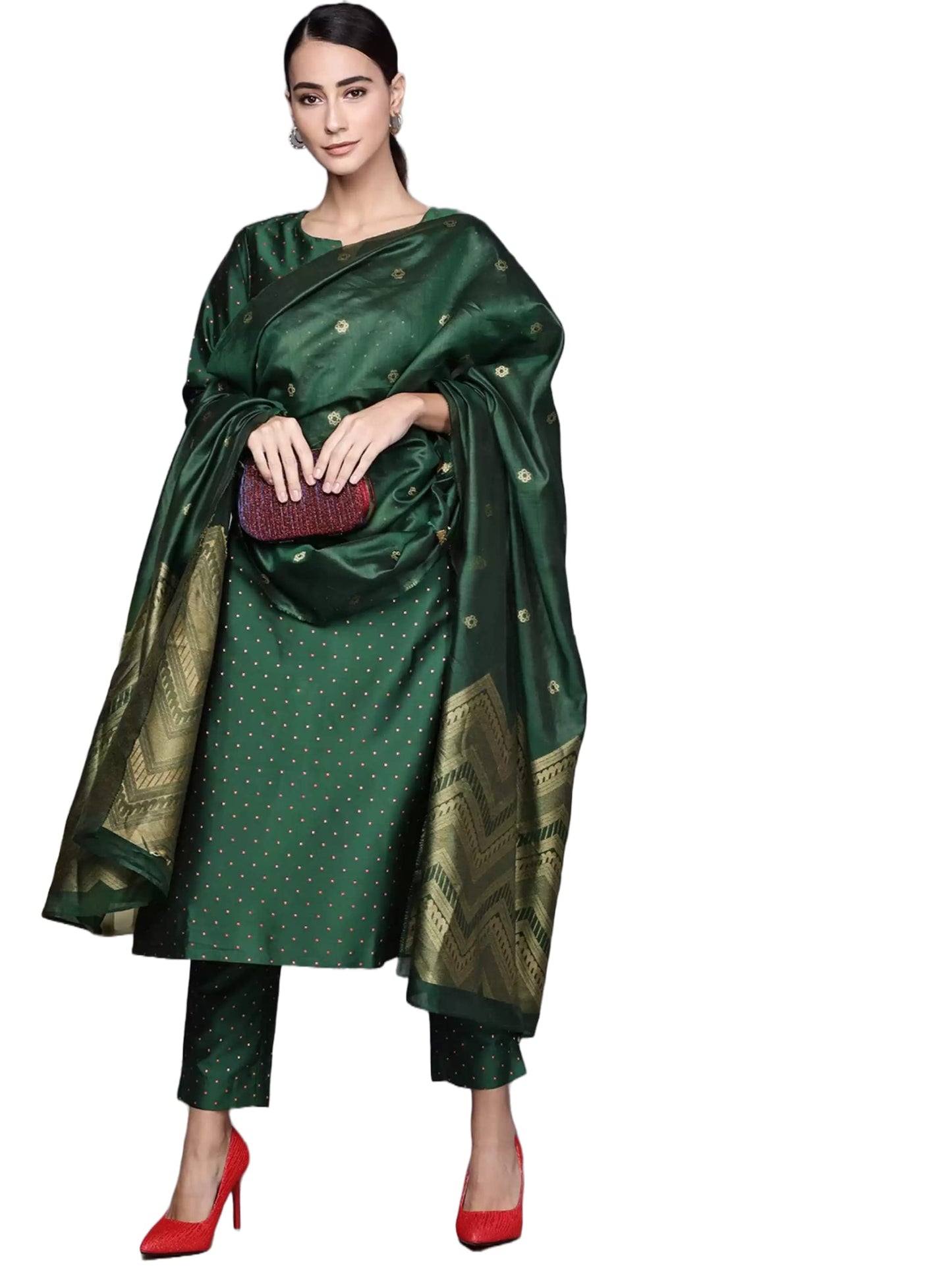Anni Designer WomenS Silk Blend Straight Printed Kurta With Pant & Dupatta (Tapeta Green_Xxl_Green_Xx-Large)