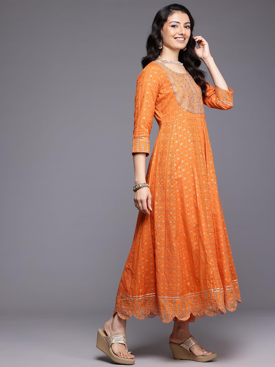 Varanga Women Orange Mirror And Thread Embroidered,Zari Embellished Scalloped Schiffli Anarkali Kurta Paired Wirh Printed Bottom