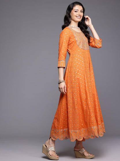 Varanga Women Orange Mirror And Thread Embroidered,Zari Embellished Scalloped Schiffli Anarkali Kurta Paired Wirh Printed Bottom
