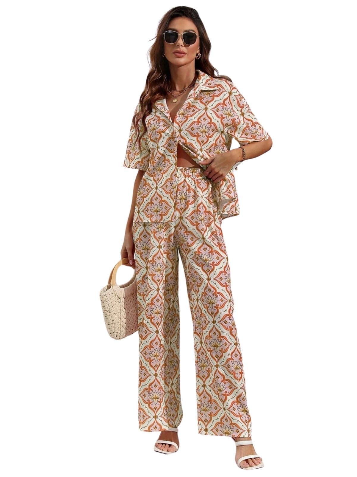Greciilooks Women Co Ord Set| Knot Front Shirt & Wide Leg Pants| Allover Print Shirt & Bottom| Long Sleeve Shirt| Straight Print