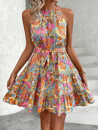 Gufrina Women Western Dress In Floral Print Halter Neck Multicolor - Elegant Sleeveless Summer Dress With Adjustable Waist Tie A