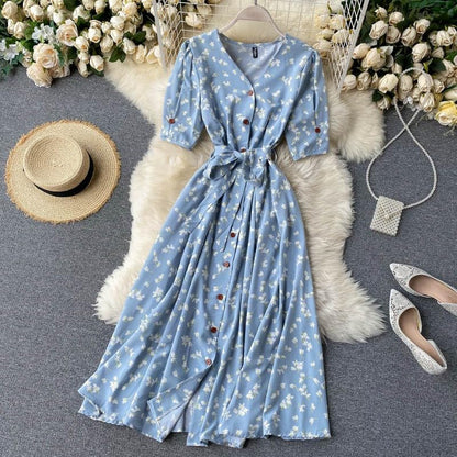 Gufrina Dresses For Women Half Sleeve || Floral Print || V-Neck And Puff Sleeves || Front Open Button & Tie-Up || Midi Dress (Aq