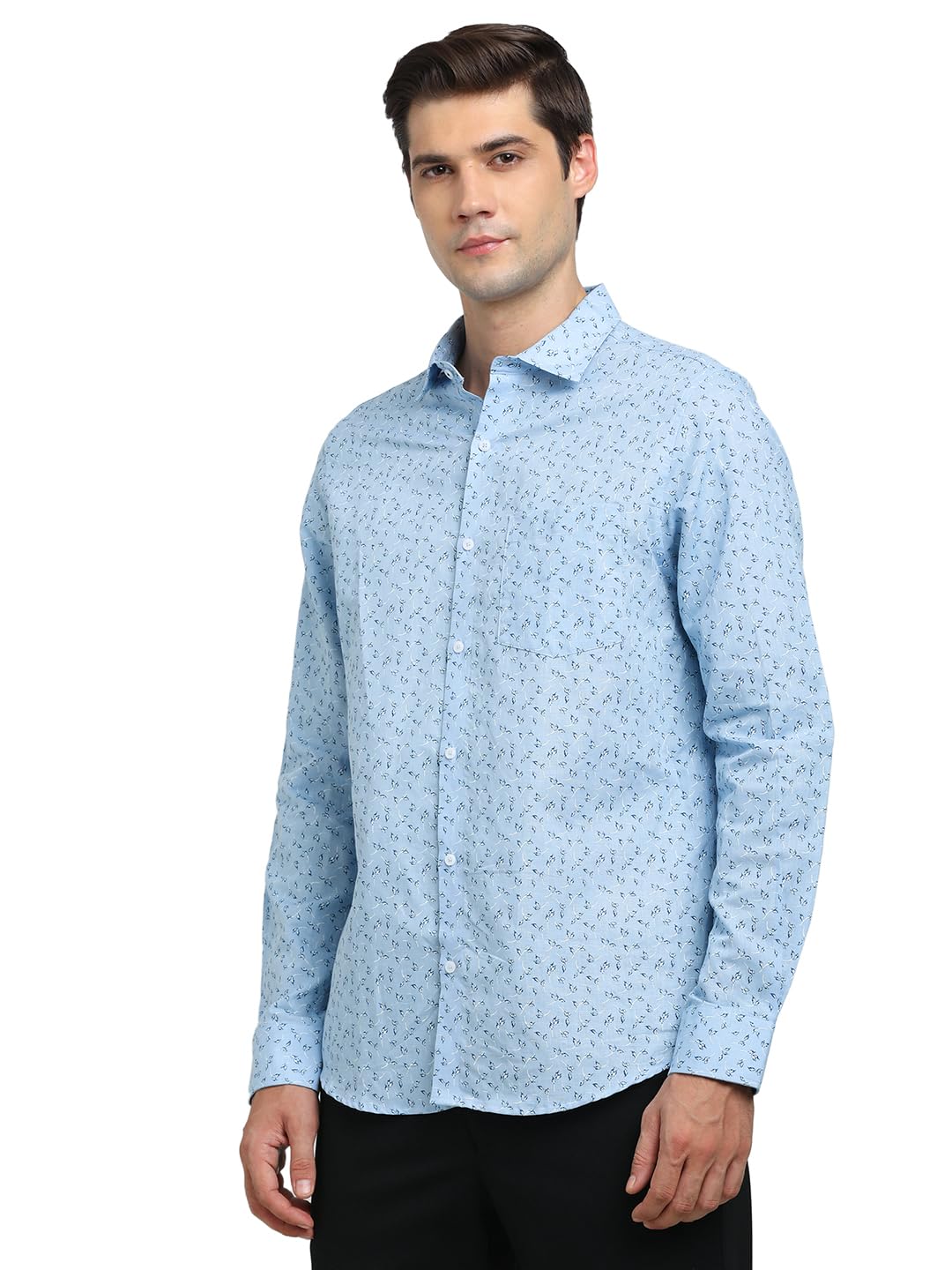 Turtle Men Cotton Linen Blue Printed Slim Fit Full Sleeve Formal Shirt