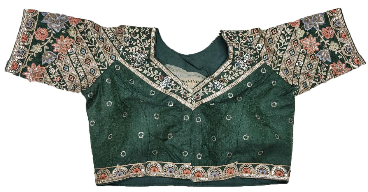 Pujia Mills WomenS Ethnic Wear Golden Codding With Multi Embroidery Sequence Work Sweetheart Neck Half Sleeve Readymade Bridal
