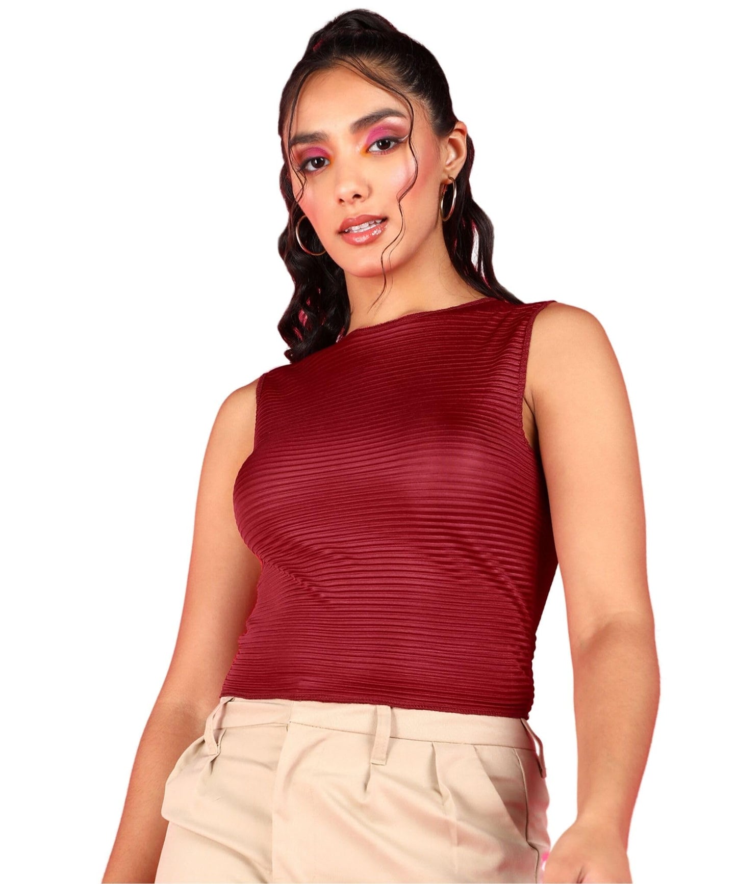 POPWINGS Casual Self-Design Wrinkle Round-Neck Sleeveless Crop Top for Women || Summer Wear Crop Tops for Women || Latest Stylis