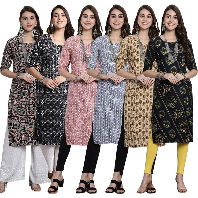 Pinkmint WomenS Crepe Kurti Round Neck Straight Kurti For Women Comfortable Kurti Regular Wear Kurti For WomenS (Pack Of 6)