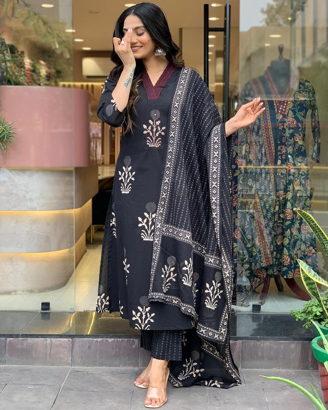 GoSriKi Womens Cotton Blend Straight Printed Kurta with Pant & Dupatta (Uchiha Mustard-GS_XXL_Mustard_XX-Large)