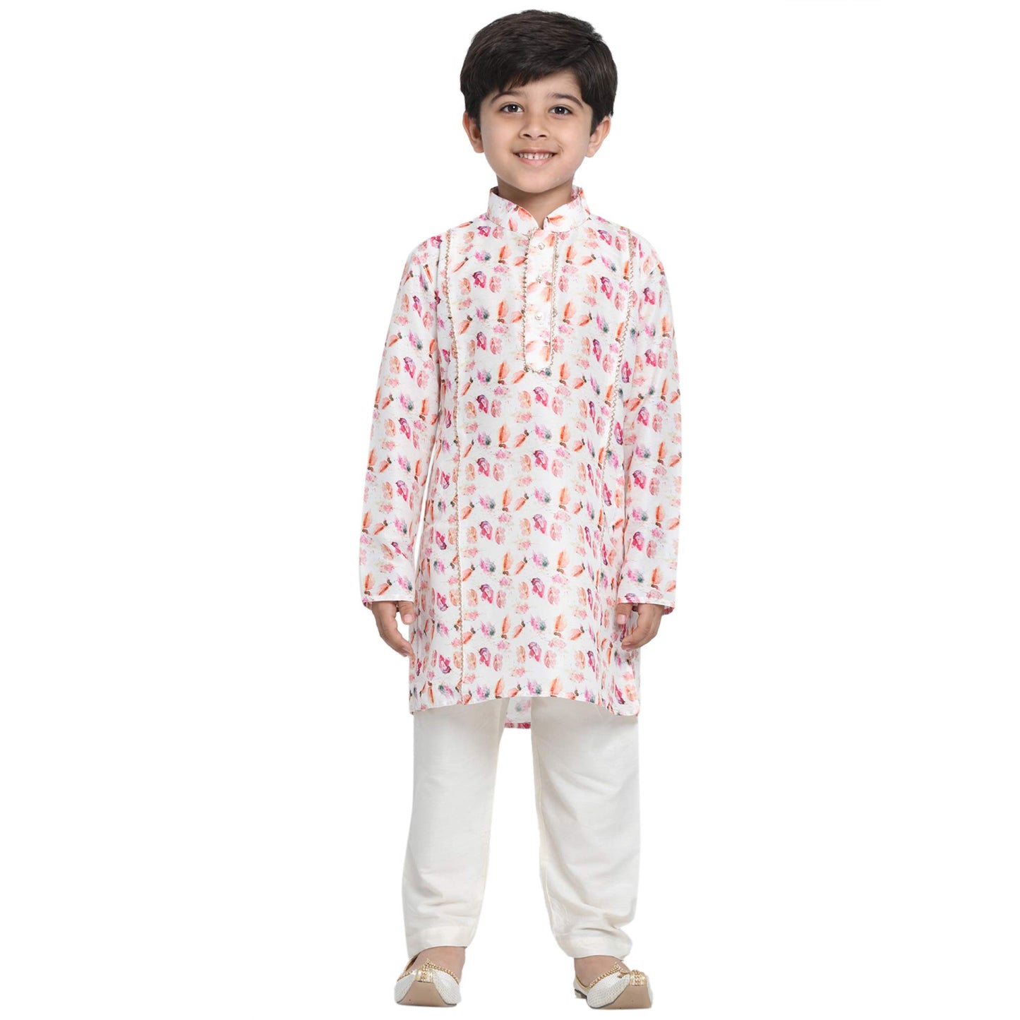 Vastramay Boys White Linen Cotton Kurta Set For Independence Day Celebrations- Digital Floral Print Ethnic Wear With Mandarin Co