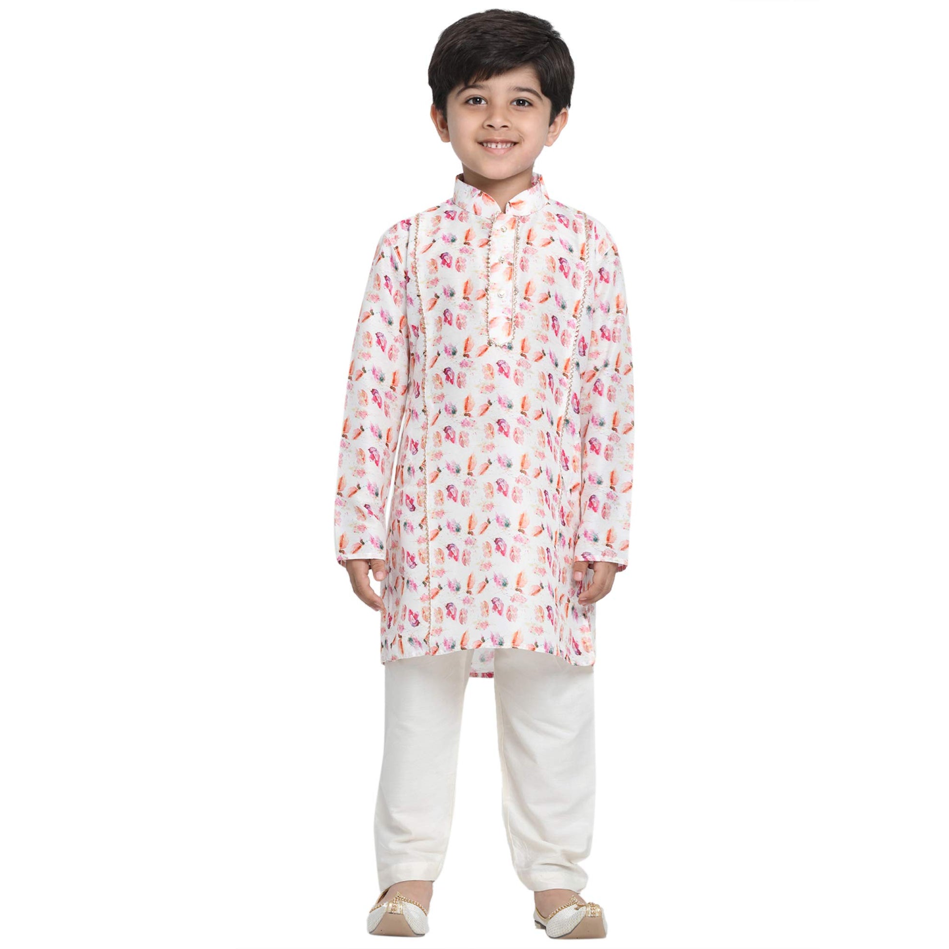 Vastramay Boys White Linen Cotton Kurta Set For Independence Day Celebrations- Digital Floral Print Ethnic Wear With Mandarin Co