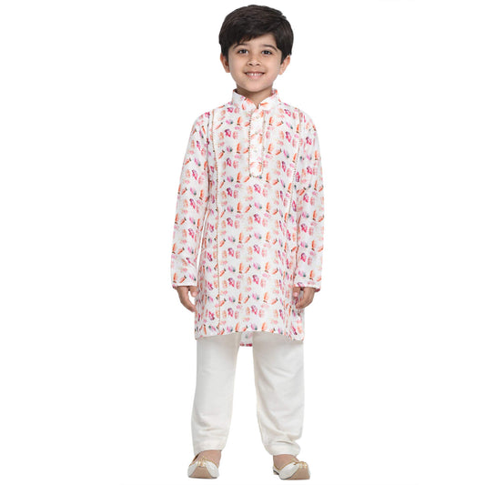 Vastramay Boys White Linen Cotton Kurta Set For Independence Day Celebrations- Digital Floral Print Ethnic Wear With Mandarin Co