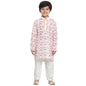 Vastramay Boys White Linen Cotton Kurta Set For Independence Day Celebrations- Digital Floral Print Ethnic Wear With Mandarin Co