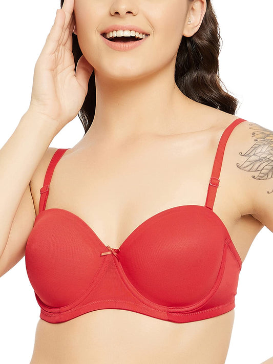 Clovia Womens Level 1 Push-Up Underwired Demi Cup Strapless T-Shirt Bra in Balconette Style (BR2209P04_Red_36A)