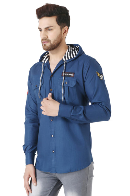 Besix MenS Blue Tailored Fit Cotton Blend Shirt For Man With Hoodie - Casual Long Sleeve Shirt With Pockets - Patch Detail For