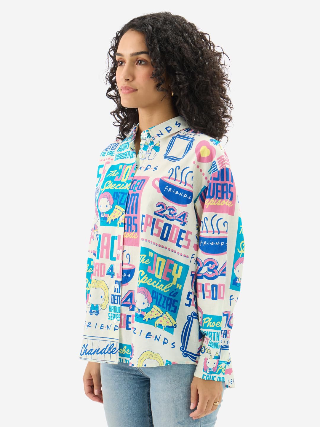 The Souled Store Official Friends: Doodle 100% Cotton Women & Girls Long Sleeve Spread Collared Neck Button Front Multicolor All