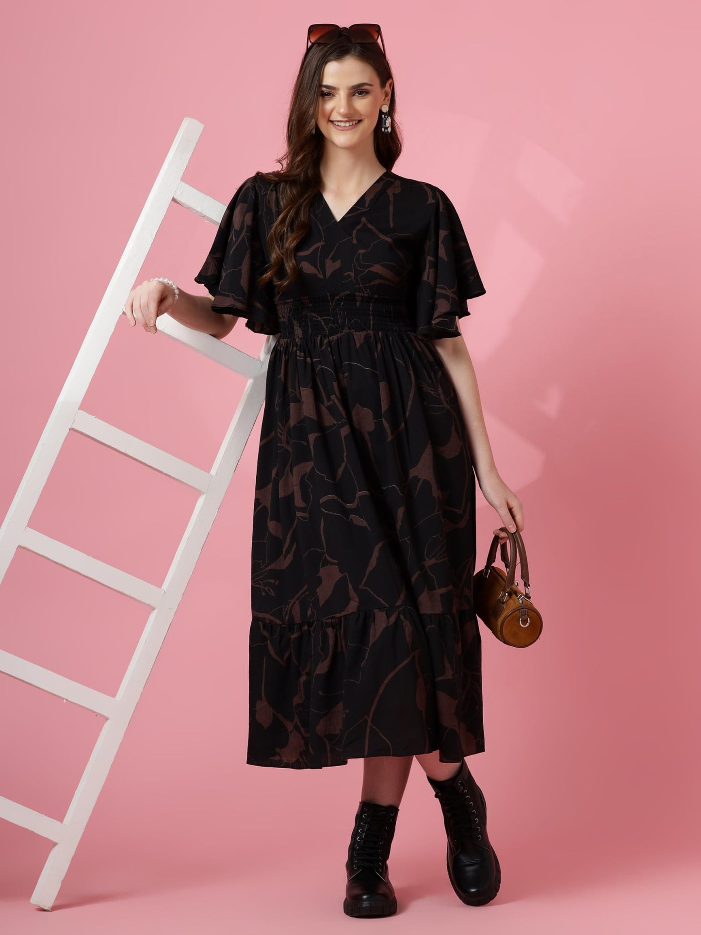 Sheetal Associates WomenS Maxi Geometric Print Crepe Flared Sleeve Casual Dress Black