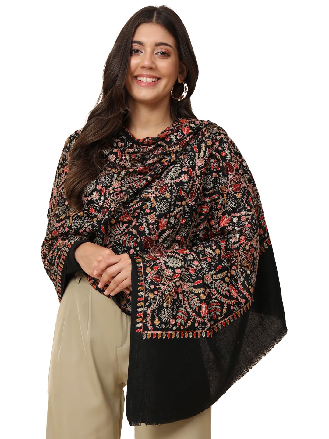 Pashmoda Women Gilkaari Pure Wool Embroidered Shawl (Size 101X203 CM)