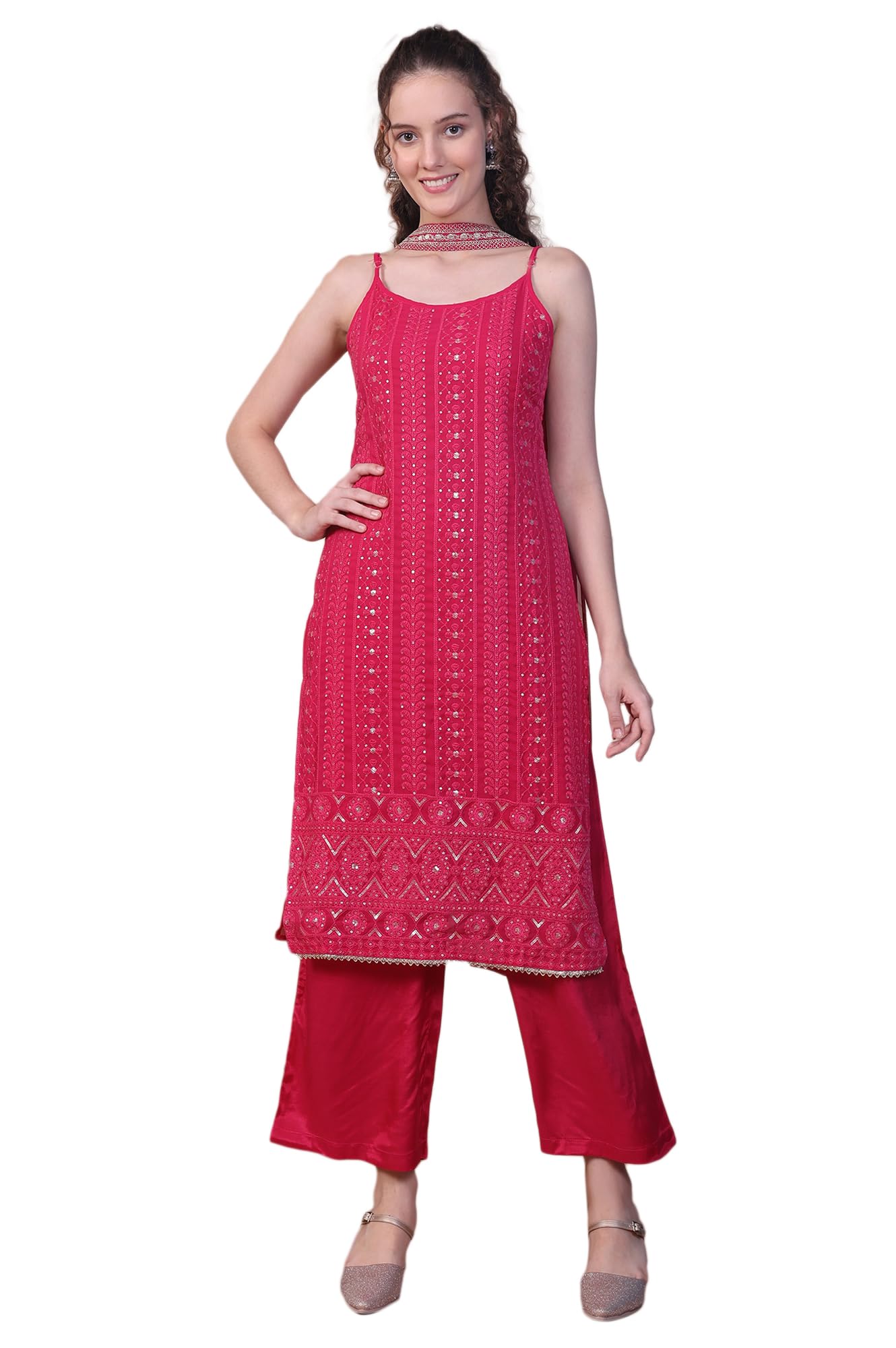 Aurelia Women's Pink Embroidered Spaghetti Strap Kurta, Palazzo and Dupatta Set (Size: XL)-AS15814-E608411