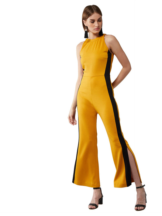 Dolce Crudo Womens Mustard Yellow & Black Halter Neck Sleeveless Solid Flared Jumpsuit(DOSS20D04-54-209_Mustard & Black_M)