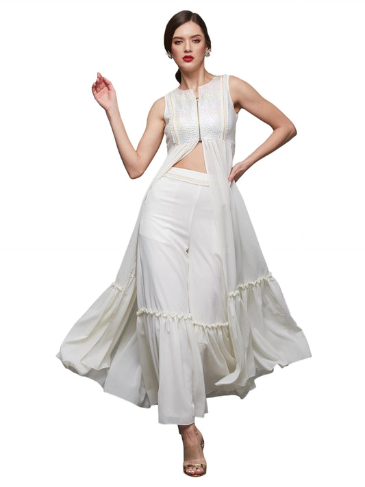 Miss Chase Womens Round Neck Sleeveless Regular-Length Georgette Co-Ord Set (MCSS23C01-08-114-06, Off White, XL)
