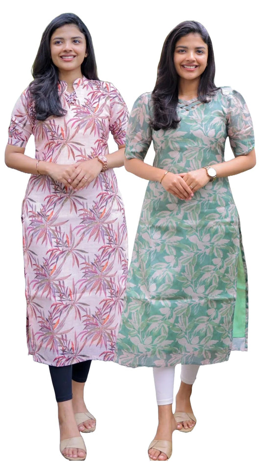 ANNI DESIGNER Womens Viscose Chanderi Printed Straight Kurta Pack of 2 Combo (Kakulam Pink-Godavari Green-Combo_XL_Multicolor_X
