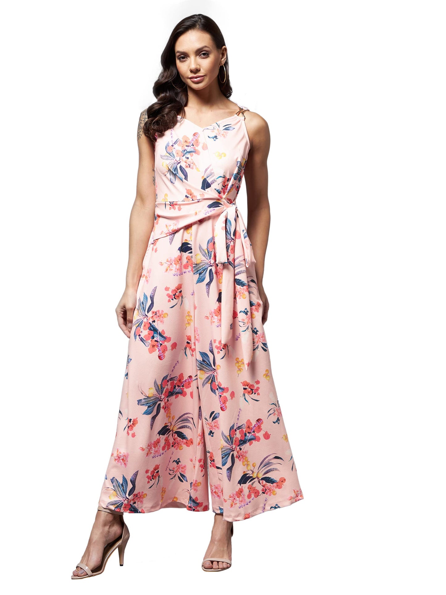 Miss Chase WomenS Multicolored-Base-Peach V-Neck Sleeveless Floral Wide Leg Regular Jumpsuit (Mcss22D99-69-192-04, Multicolored