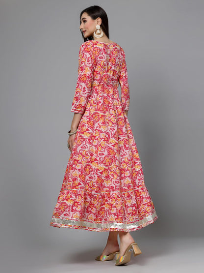 Stylum Women's Printed & Embroidered Cotton Tiered Dress Kurta (Lisa_Pink)