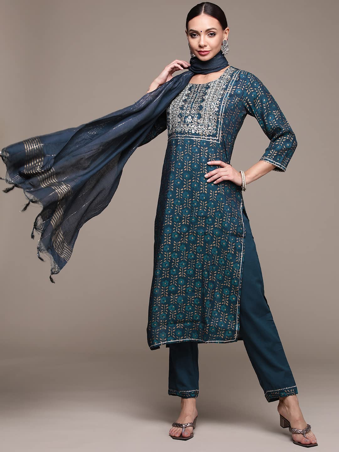 anubhutee Women's Muslin Teal Ethnic Motifs Embroidered Straight Kurta Suit Set With Pants And Dupatta